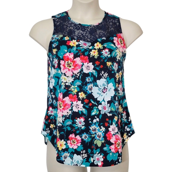 NWT Van Heusen Navy Floral Lace Inset Tank Top Size XS - Picture 1 of 8